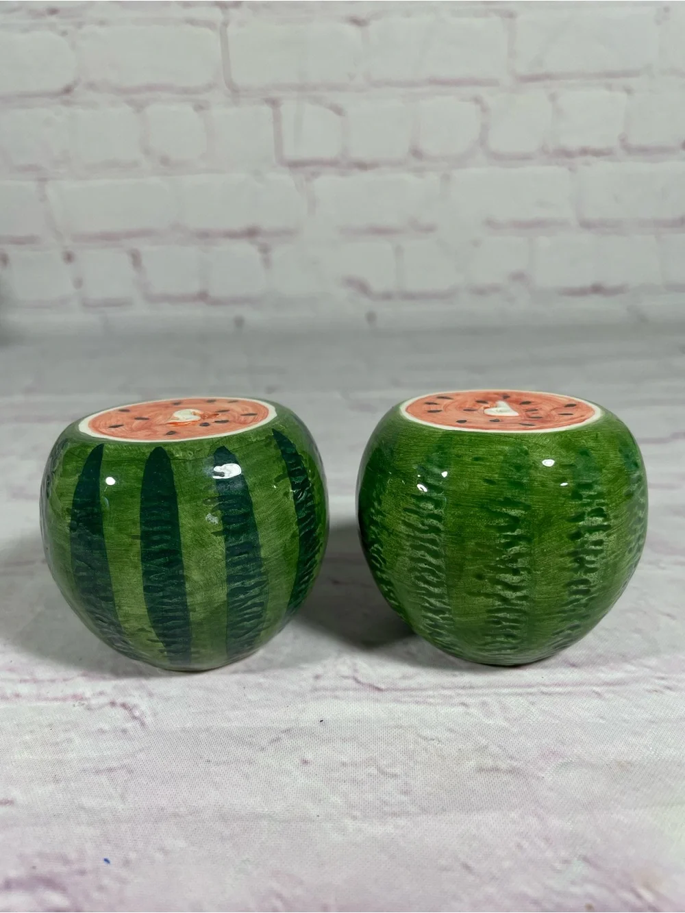 Vintage Hand Painted Ceramic Watermelon Salt and Pepper Shaker Set With Stoppers
